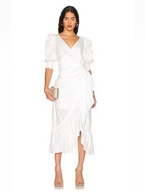 cinq a sept White V-Neck Midi Dress with Puff Sleeves